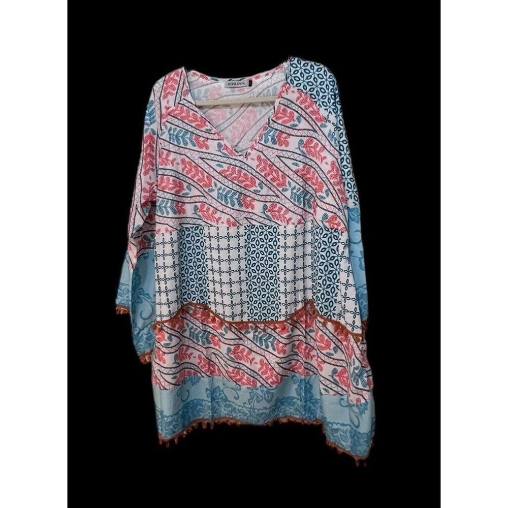 Miss Look‎ Top Women’s 5 XL Bell Sleeve Pom Pom Trim Plus Blouse